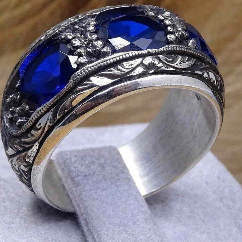 Hand Engraved Best Sapphire 925 Sterling Awesome Mens Ring silverbazaaristanbul 