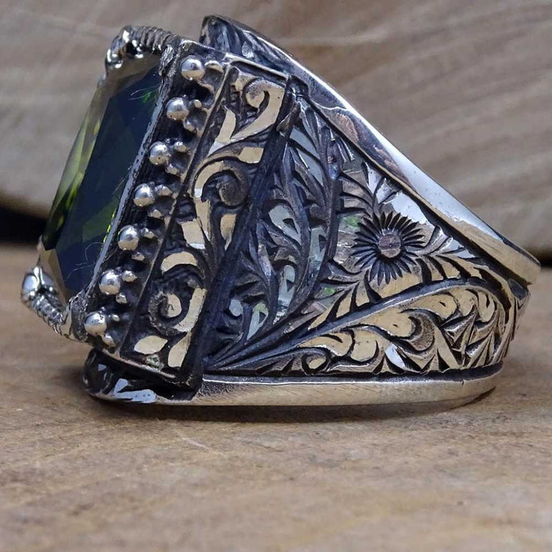 Hand Engraved Luxury 925 Sterling Silver Peridot Mens Ring silverbazaaristanbul 