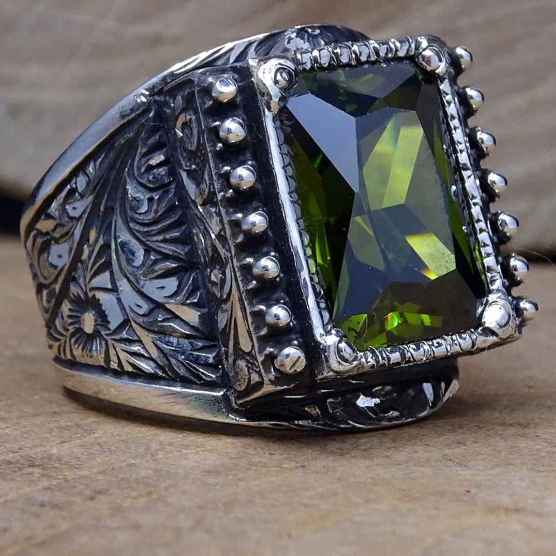 Hand Engraved Luxury 925 Sterling Silver Peridot Mens Ring silverbazaaristanbul 