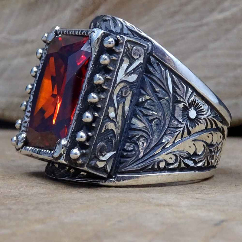 Hand Engraved Luxury 925 Sterling Silver Ruby Mens Ring silverbazaaristanbul 