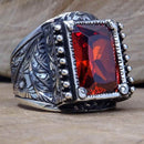 Hand Engraved Luxury 925 Sterling Silver Ruby Mens Ring silverbazaaristanbul 