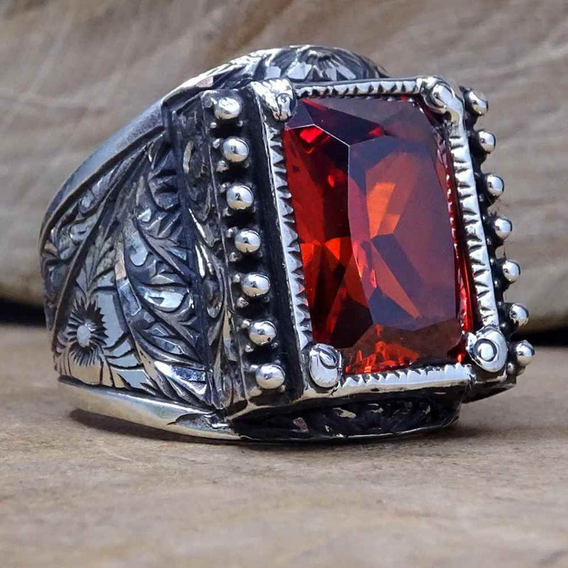 Hand Engraved Luxury 925 Sterling Silver Ruby Mens Ring silverbazaaristanbul 