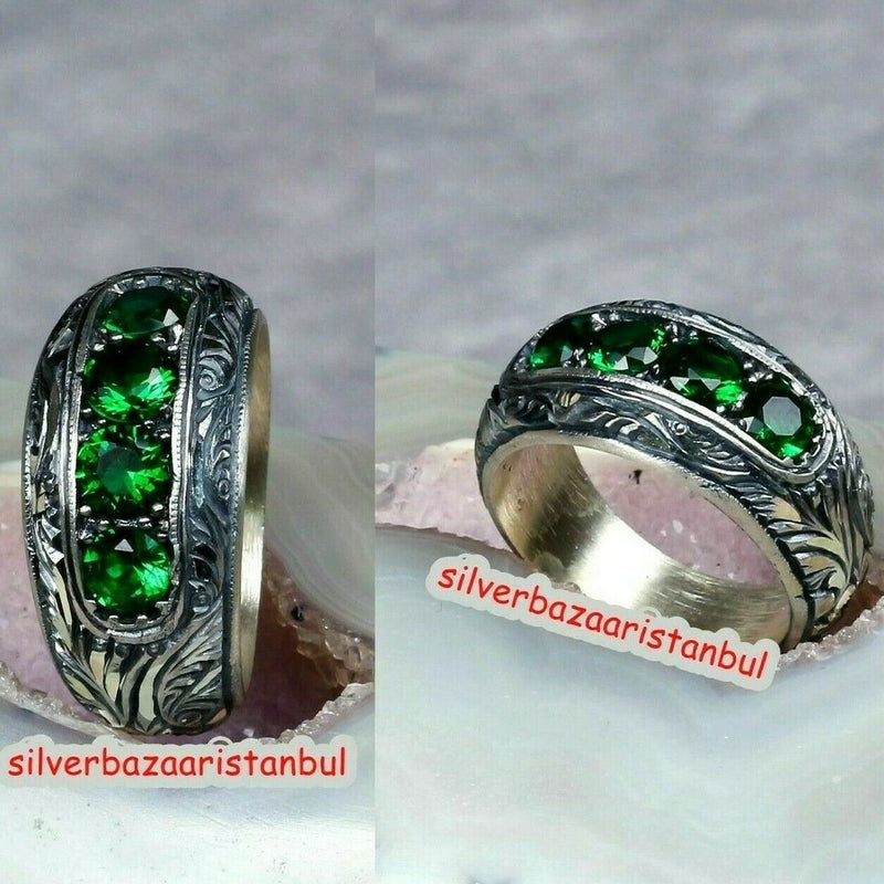 Hand Engraved Luxury Emerald Stone 925 Sterling Silver Mens Ring silverbazaaristanbul 