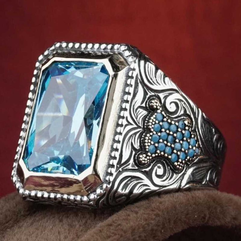Hand Engraved Natural Aquamarine 925 Sterling Silver Mens Ring silverbazaaristanbul 