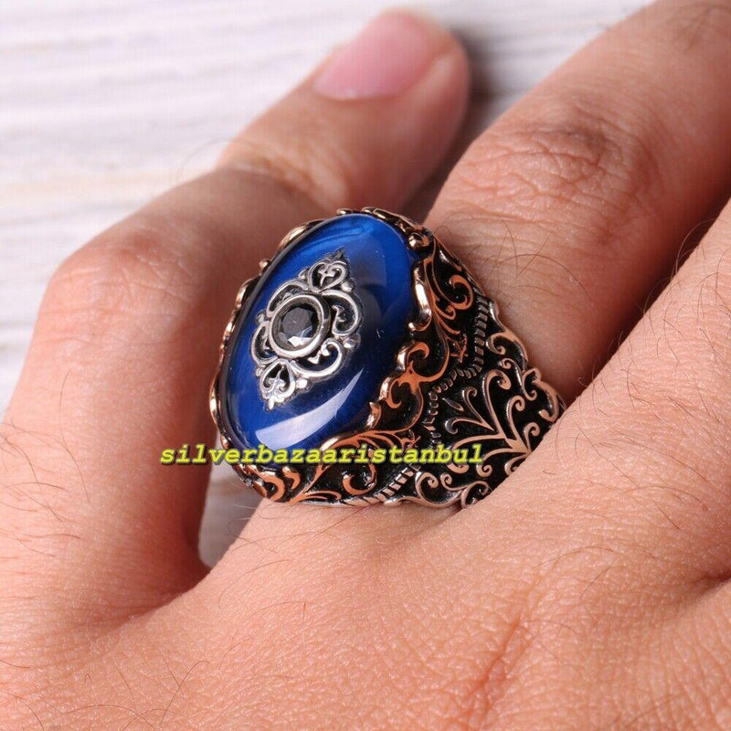 Handmade 925 Sterling Exclusive Original Sapphire Stone Mens Ring silverbazaaristanbul 