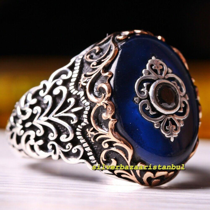 Handmade 925 Sterling Exclusive Original Sapphire Stone Mens Ring silverbazaaristanbul 