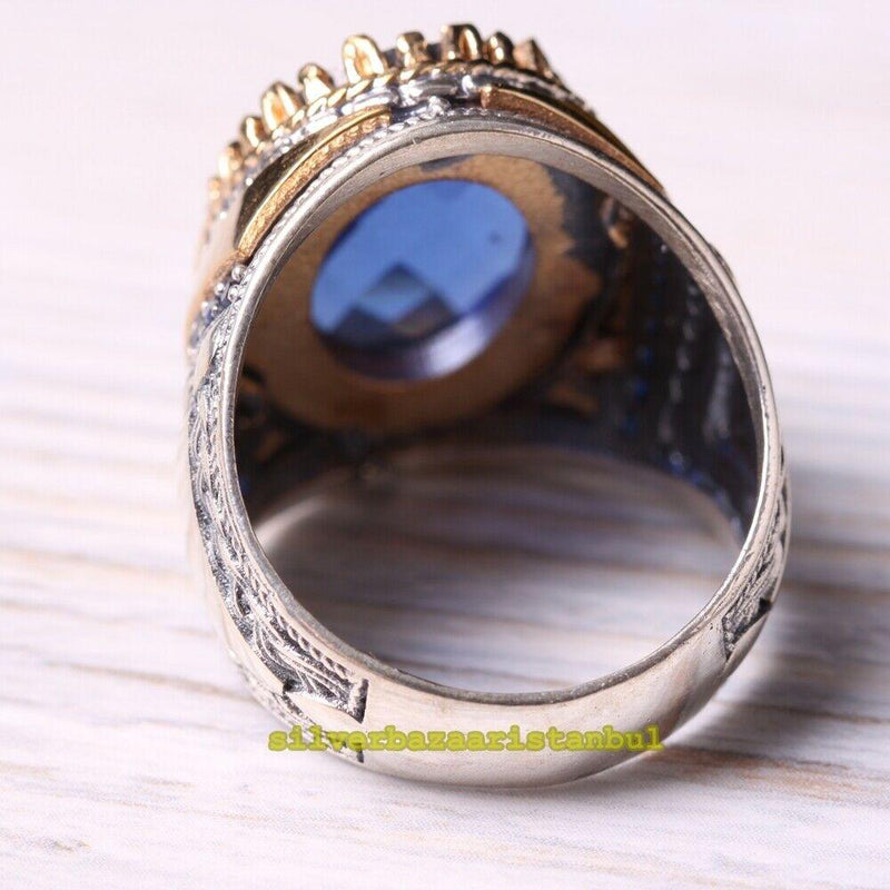 Handmade 925 Sterling Faceted Cut Sapphire Stone Mens Ring silverbazaaristanbul 