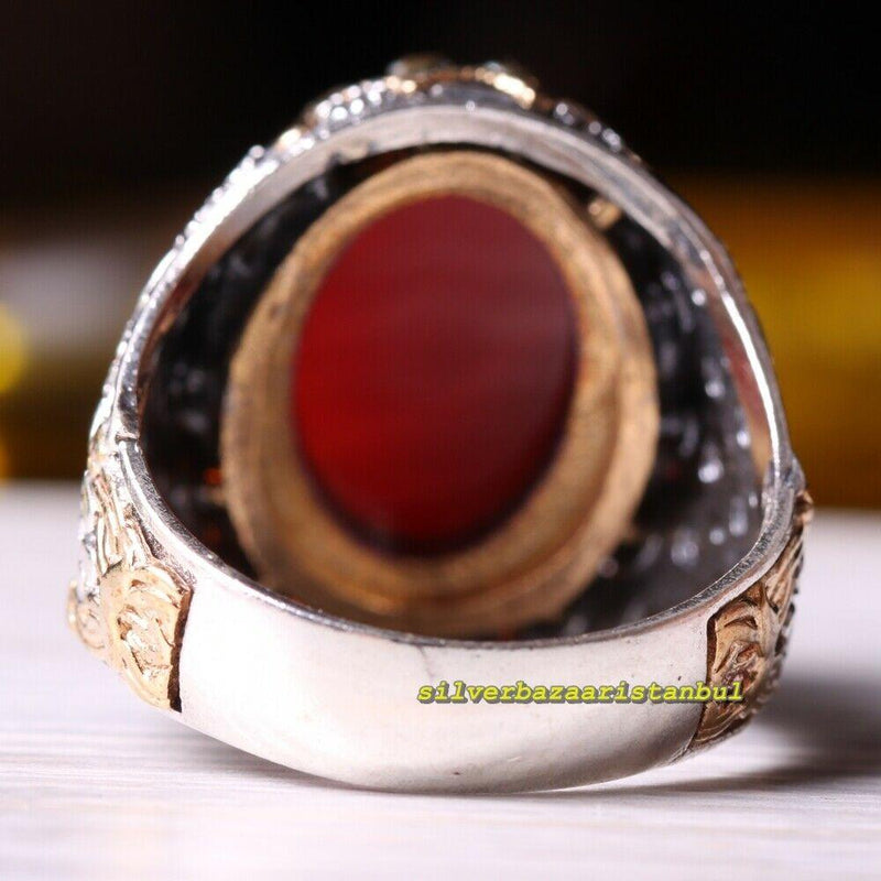 Handmade 925 Sterling Natural Agate Aqeeq Red Stone Mens Ring silverbazaaristanbul 