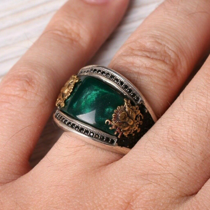 Handmade 925 Sterling Ottaman Green Emerald Stone Mens Ring silverbazaaristanbul 