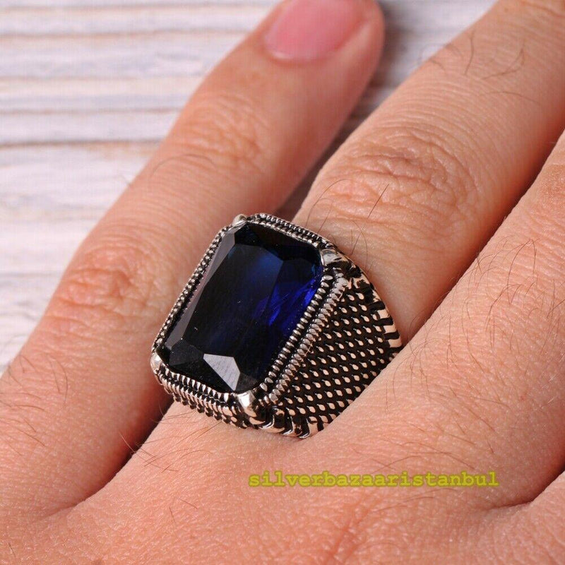 Handmade 925 Sterling Ottoman Blue Sapphire Mens Ring silverbazaaristanbul 