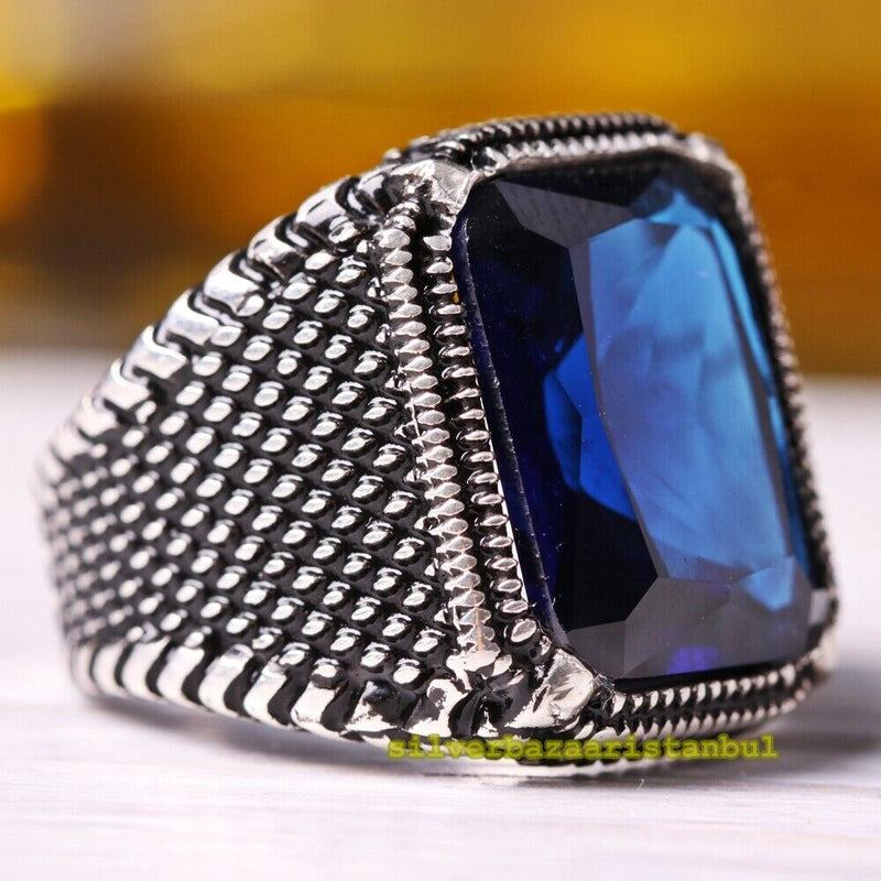 Handmade 925 Sterling Ottoman Blue Sapphire Mens Ring silverbazaaristanbul 