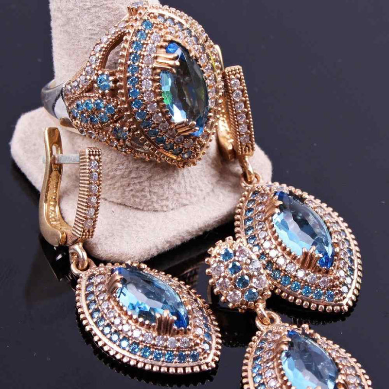 Handmade 925 Sterling Silver Aquamarine Stone Set for Women silverbazaaristanbul 