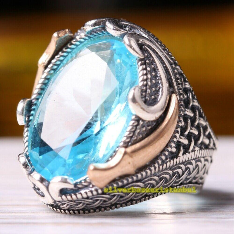 Handmade 925 Sterling Silver Bright Aquamarine Stone Mens Ring silverbazaaristanbul 