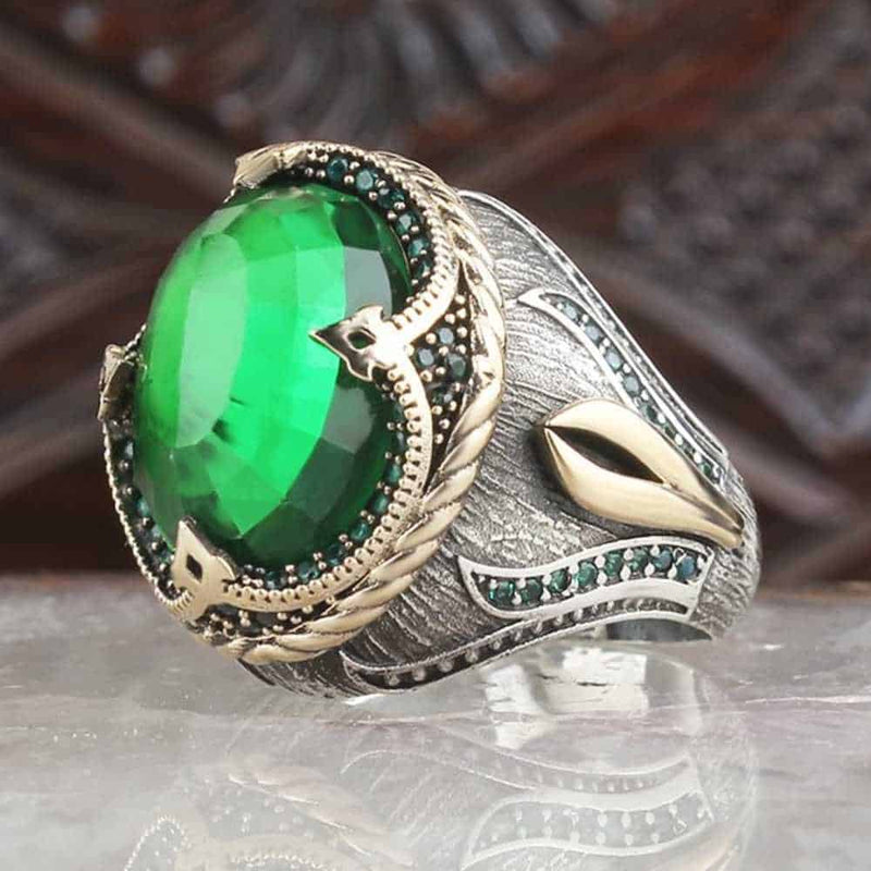 Handmade 925 Sterling Silver Drop Emerald Stone Mens Ring silverbazaaristanbul 