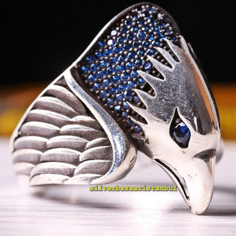 Handmade 925 Sterling Silver Eagle Blue Sapphire Stone Mens Ring silverbazaaristanbul 
