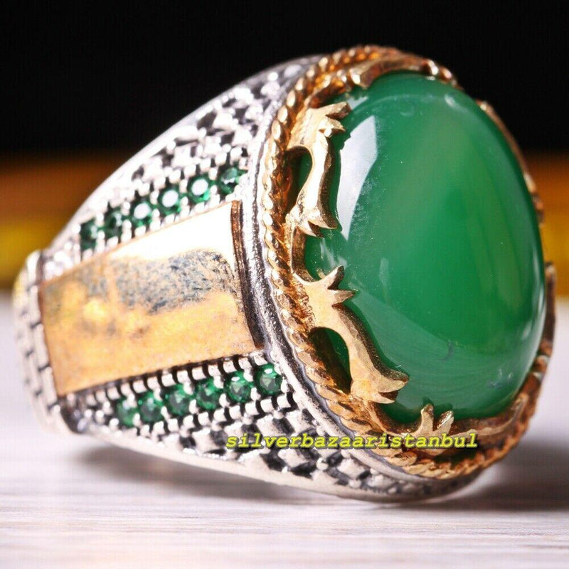 Handmade 925 Sterling Silver Green Emerald and Aqeeq Stone Mens Ring silverbazaaristanbul 