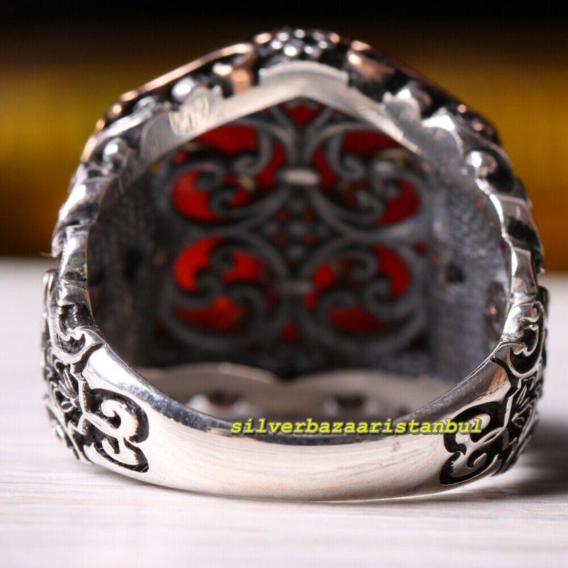 Handmade 925 Sterling Silver Hexagon Red Agate Aqeeq Stone Mens Ring silverbazaaristanbul 