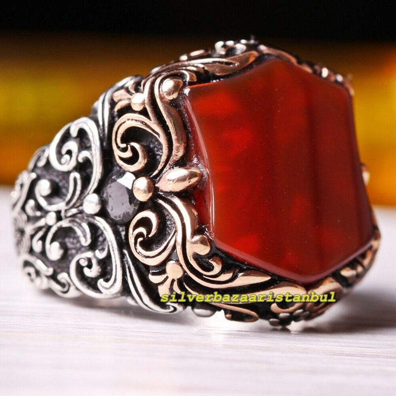 Handmade 925 Sterling Silver Hexagon Red Agate Aqeeq Stone Mens Ring silverbazaaristanbul 