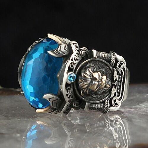 Handmade 925 Sterling Silver Lion Aquamarine Stone Mens Ring silverbazaaristanbul 