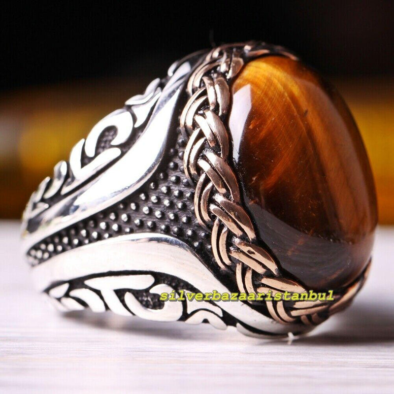 Handmade 925 Sterling Silver Natural Tigers Eye Stone Mens Ring silverbazaaristanbul 