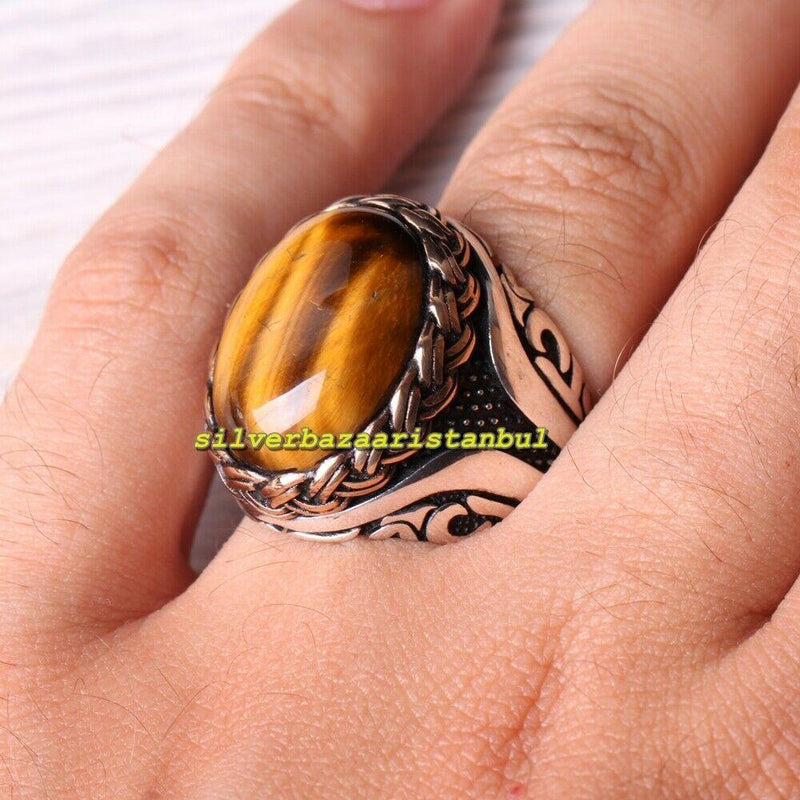 Handmade 925 Sterling Silver Natural Tigers Eye Stone Mens Ring silverbazaaristanbul 