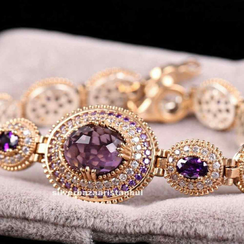 Handmade 925 Sterling Silver Oval Amethyst Stone Lady Women Bracelet silverbazaaristanbul 