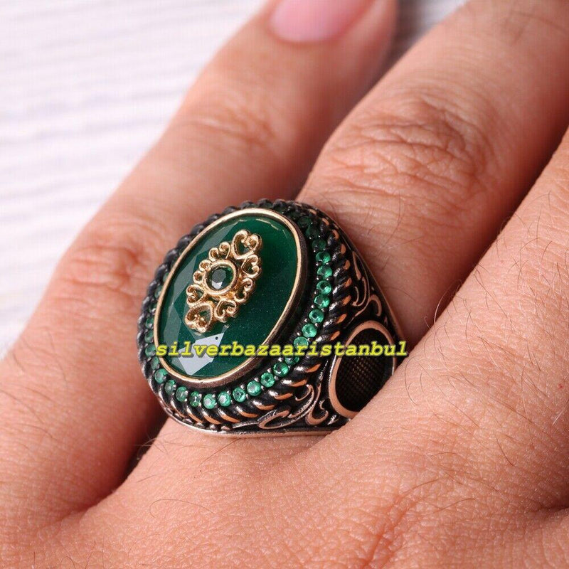Handmade 925 Sterling Silver Oval Green Emerald Stone Mens Ring silverbazaaristanbul 