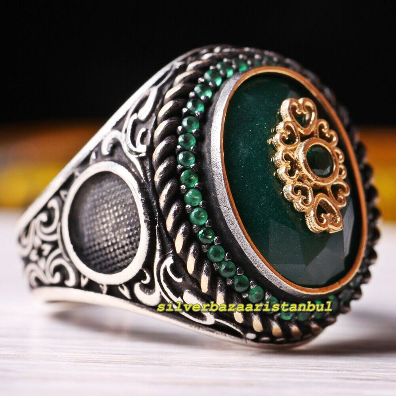 Handmade 925 Sterling Silver Oval Green Emerald Stone Mens Ring silverbazaaristanbul 