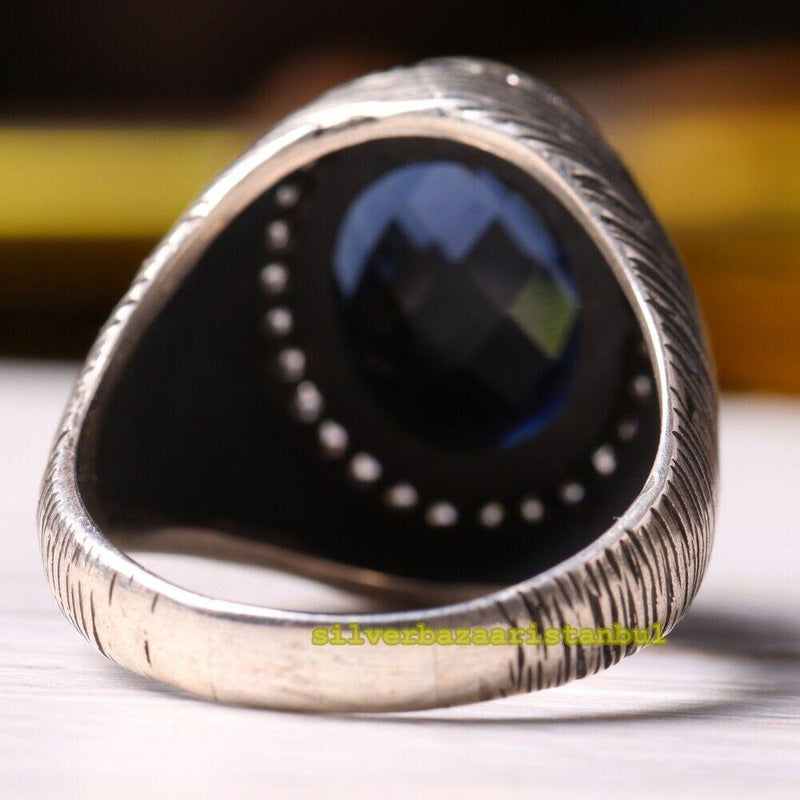 Handmade 925 Sterling Silver Sapphire and Zircon Stone Mens Ring silverbazaaristanbul 