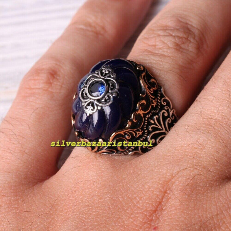 Handmade 925 Sterling Silver Turban Blue Sapphire Stone Mens Ring silverbazaaristanbul 