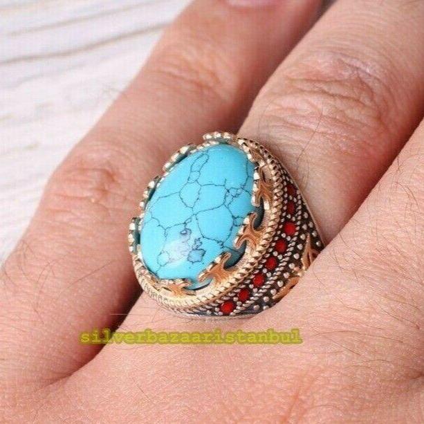 Handmade 925 Sterling Silver Turquoise and Ruby Stone Mens Ring silverbazaaristanbul 