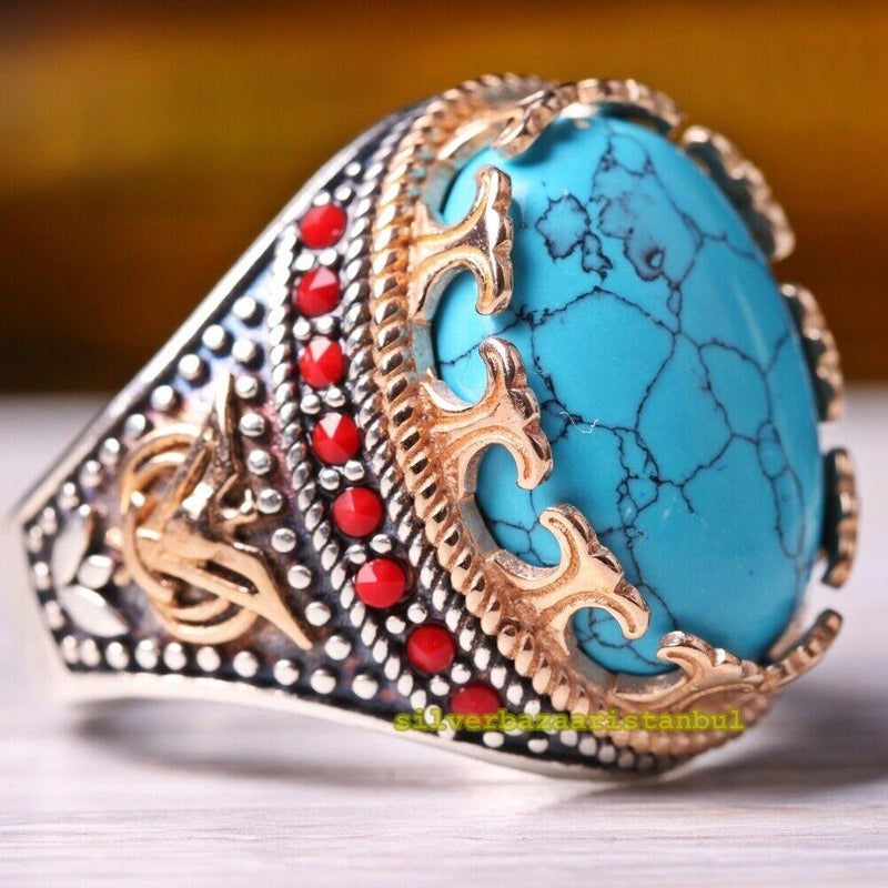 Handmade 925 Sterling Silver Turquoise and Ruby Stone Mens Ring silverbazaaristanbul 