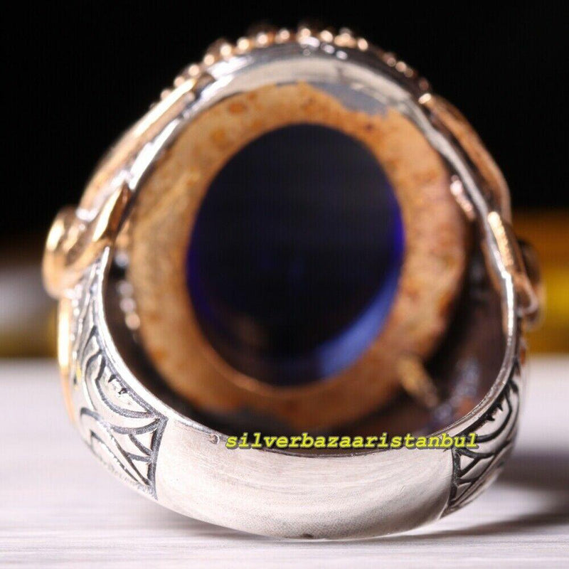 Handmade 925 Sterling Winding Shape Blue Sapphire Stone Mens Ring silverbazaaristanbul 