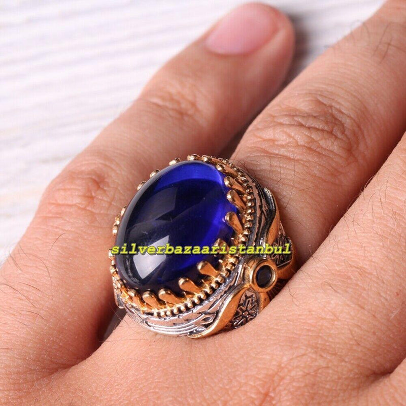 Handmade 925 Sterling Winding Shape Blue Sapphire Stone Mens Ring silverbazaaristanbul 