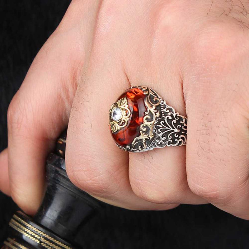 Handmade Amber and Zircon Stone 925 Sterling Silver Mens Ring silverbazaaristanbul 