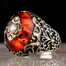 Handmade Amber and Zircon Stone 925 Sterling Silver Mens Ring silverbazaaristanbul 