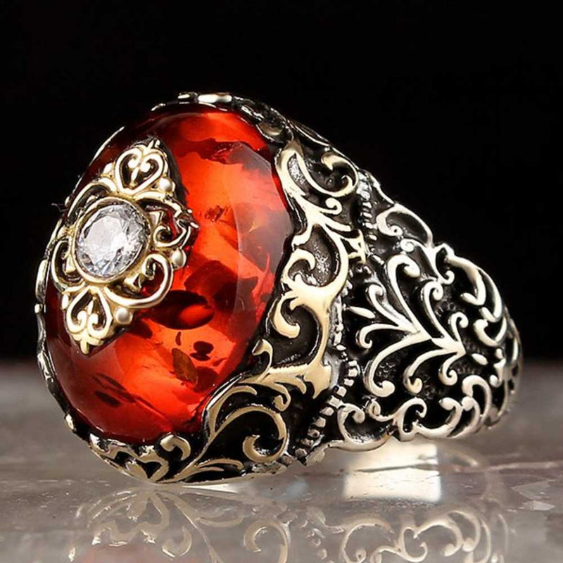 Handmade Amber and Zircon Stone 925 Sterling Silver Mens Ring silverbazaaristanbul 