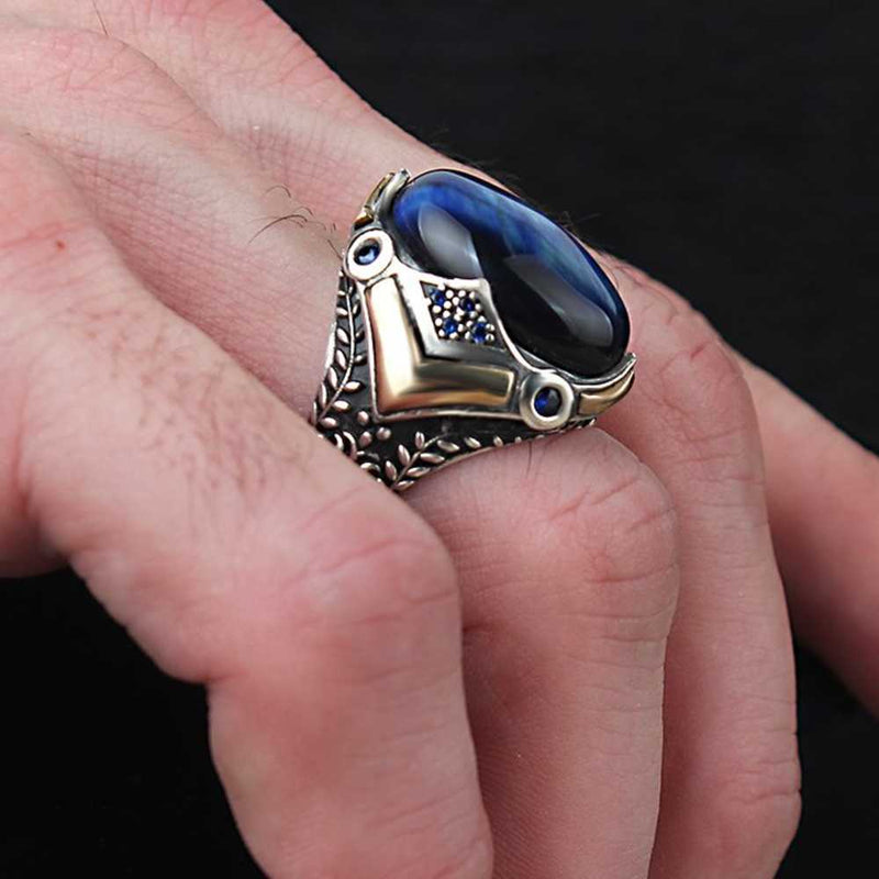 Handmade Blue Tigers Eye Elegant Design 925 Sterling Silver Mens Ring silverbazaaristanbul 