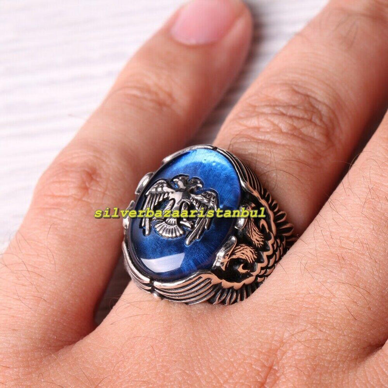 Handmade Double Eagle Sapphire Stone 925 Sterling Silver Mens Ring silverbazaaristanbul 