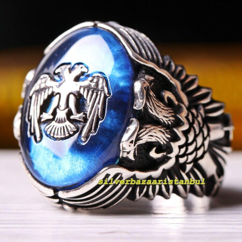 Handmade Double Eagle Sapphire Stone 925 Sterling Silver Mens Ring silverbazaaristanbul 