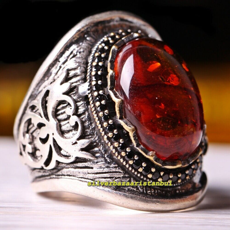 Handmade Mens Luxury Amber and Onyx Stone 925 Sterling Silver Ring silverbazaaristanbul 