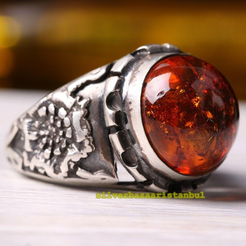 Handmade Natural Orange Amber Stone 925 Sterling Silver Mens Ring silverbazaaristanbul 