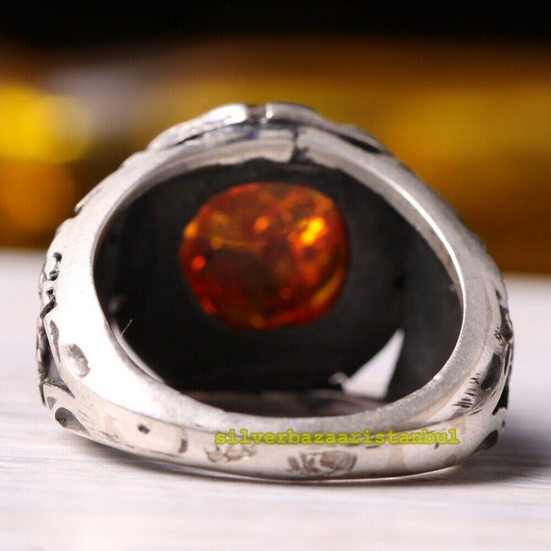 Handmade Natural Orange Amber Stone 925 Sterling Silver Mens Ring silverbazaaristanbul 