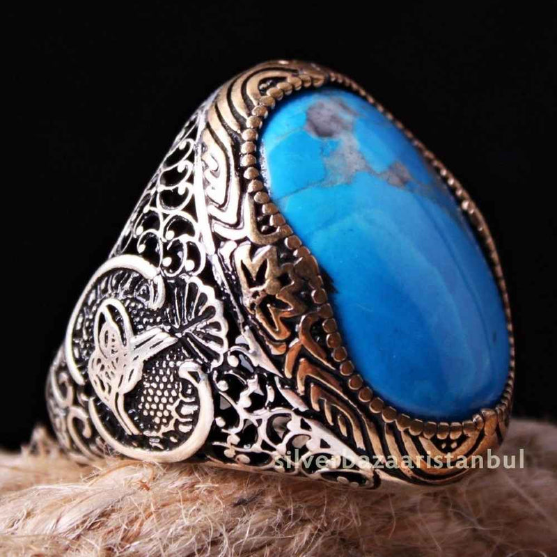 Handmade Turquoise Stone 925 Sterling Silver Mens Heavy Ring silverbazaaristanbul 