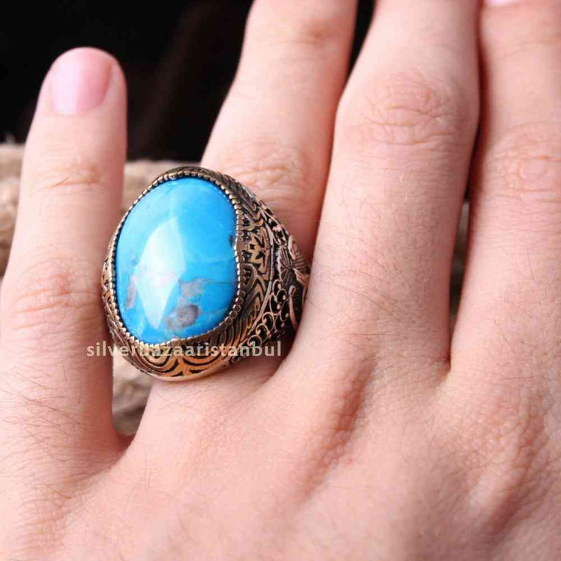 Handmade Turquoise Stone 925 Sterling Silver Mens Heavy Ring silverbazaaristanbul 
