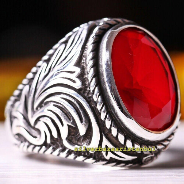 Babylon Silver 925 Sterling Silver Men's Ring - Handmade Turkish Faceted Ruby - All Sizes
