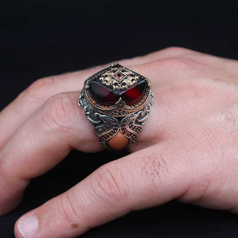 Hexagonal Ruby Stone 925 Sterling Silver Mens Ring silverbazaaristanbul 
