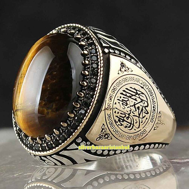 Islamic Style Tigers Eye Stone Handmade 925 Sterling Silver Mens Ring silverbazaaristanbul 