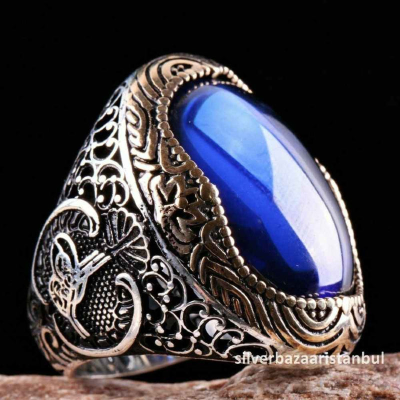 Jewelry 925 Sterling Silver Blue Sapphire Mens Heavy Ring silverbazaaristanbul 