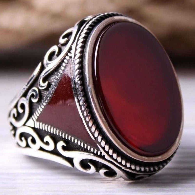 Jewelry 925 Sterling Silver Red Agate Aqeeq Mens Ring silverbazaaristanbul 